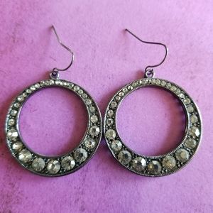 Sparkly hoop earrings dark silver tone rhinestone hook